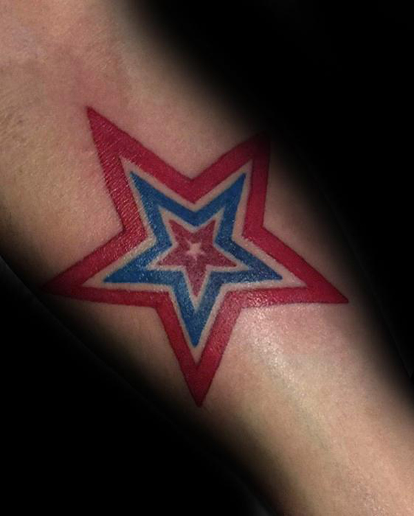 Red and Blue Layered Star Tattoo Tattoo on skin