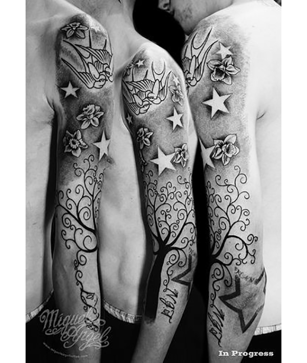 Sleeve with Star Tattoo, Bird Tattoo, and a Tree star tattoos