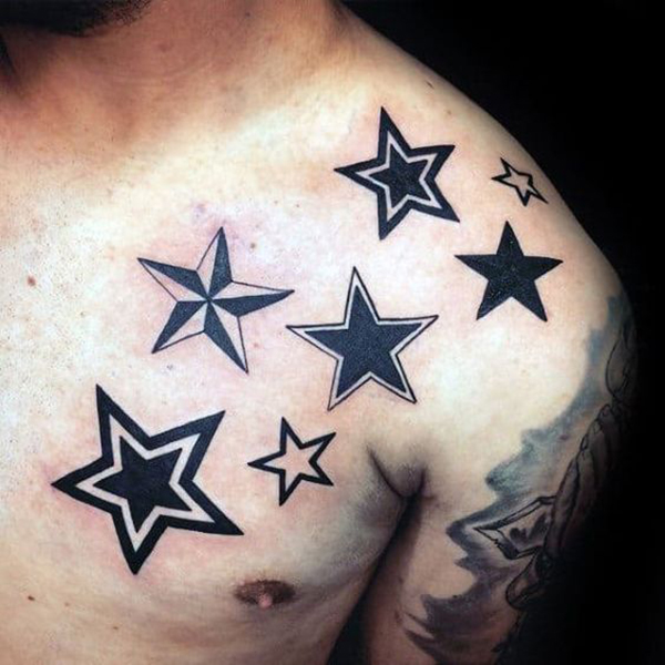 Star Tattoo on Shoulder and Pectoral Tattoo on skin