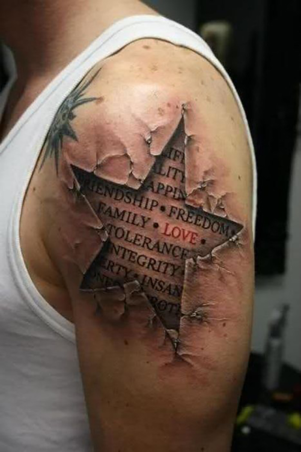 Star Tattoo Outline Reveals Words Beneath Tattoo on skin