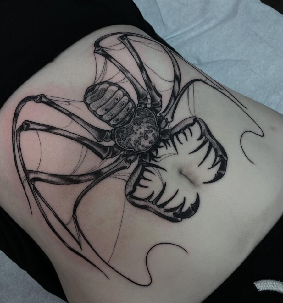 Intricate spider tattoo on the stomach Tattoo on skin