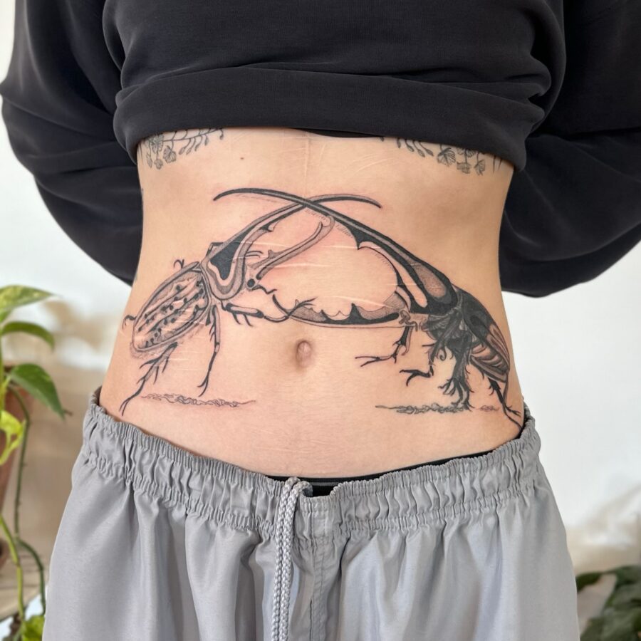 Stunning insect tattoo highlights midsection beauty Tattoo on skin