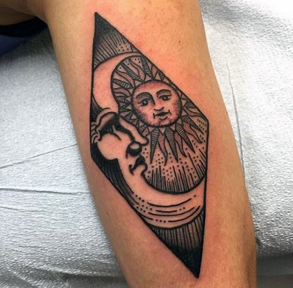 Diamond Sun Moon Face Design for the Angular Thinkers Tattoo on skin