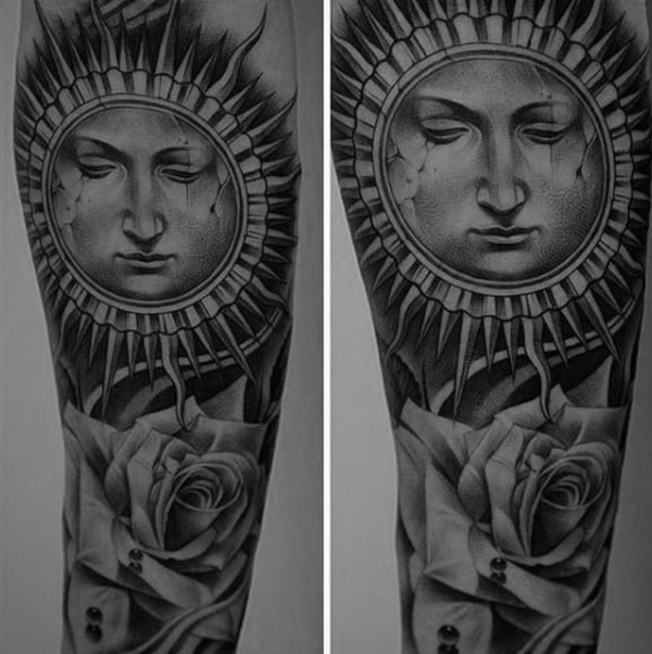 Elaborate Sun Rose Tattoo Design for a Realistic Look Tattoo on skin