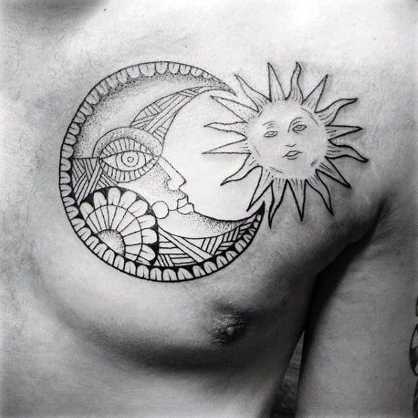 Florally-Patterned Moon Pairs With Traditional Sun Tattoo on skin