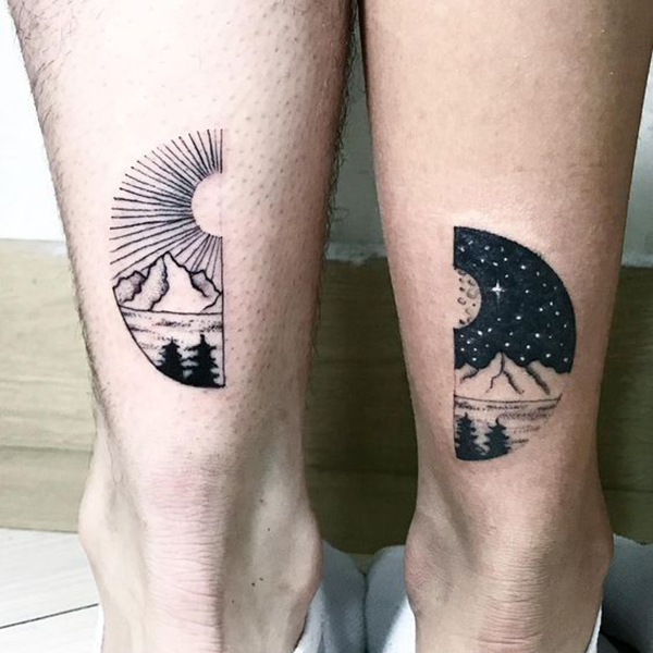 Half-Circle Pair of Daytime and Nighttime Scenes That Fit Together Tattoo on skin