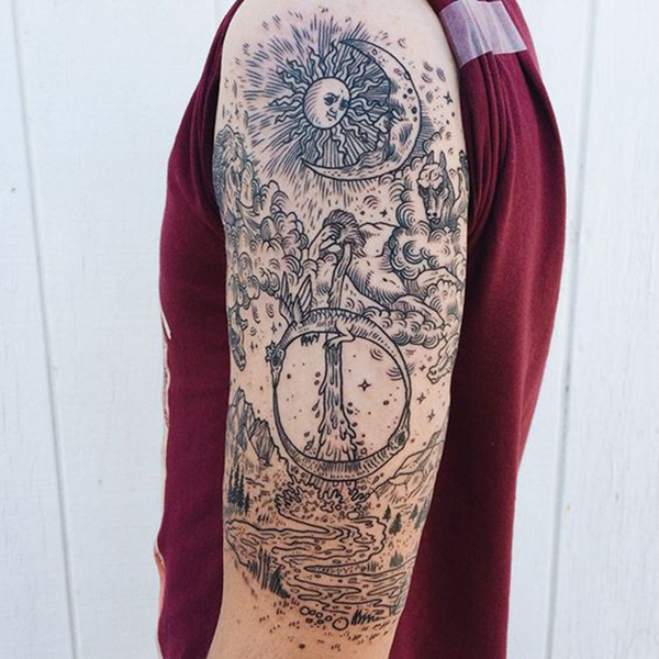 Intricate Nature Scene With Expressive Mythical Creatures Tattoo on skin