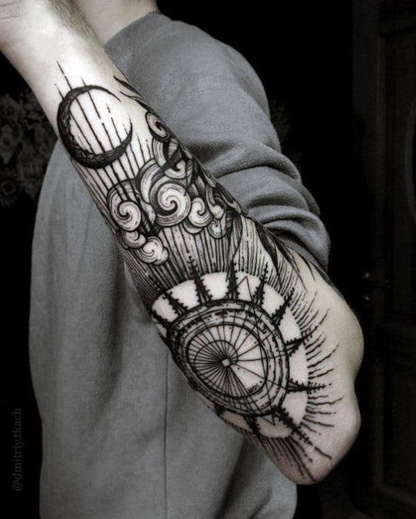 Long Geometric Rays Add Compass Design to Sun and Moon Tattoos Tattoo on skin