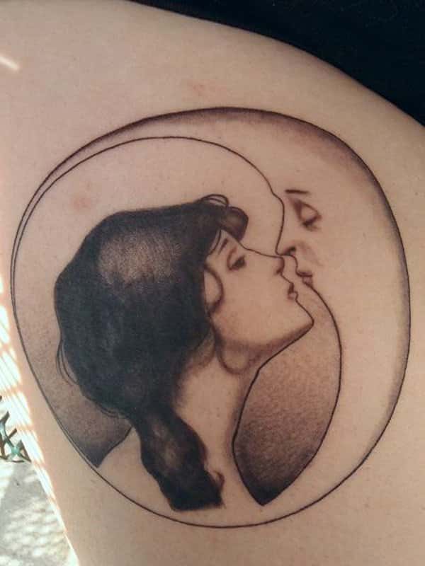 Moon Kissing With His Lady for the Lovers Tattoo on skin