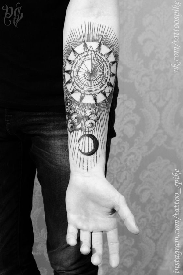 Outstretched Sun and Moon Tattoo Look with Archaic Elegance Tattoo on skin