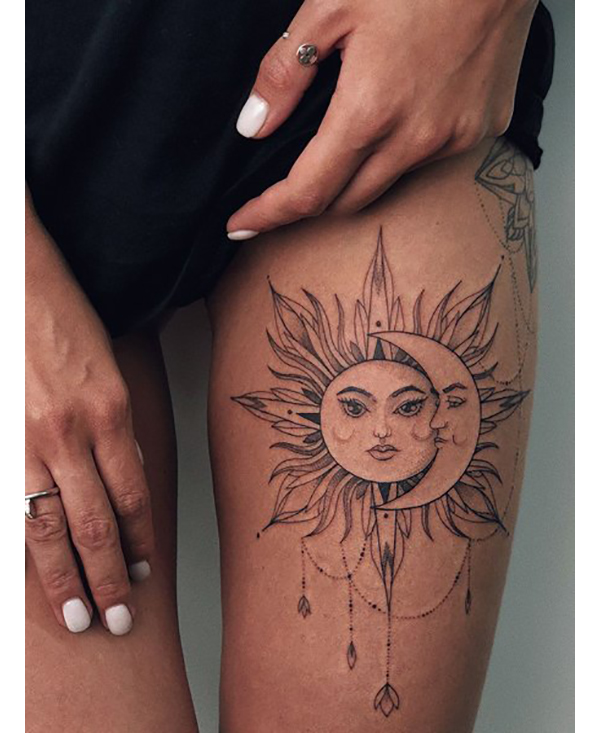 Sun and Moon Couple Hangs Pendulum Along with Beautiful Rays Tattoo on skin