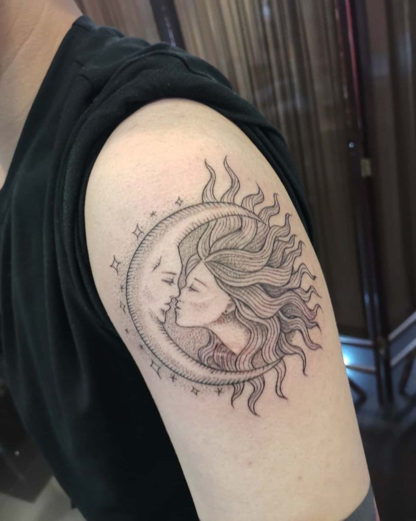 Sun and Moon Kissing for the Intimate Lovers Tattoo on skin