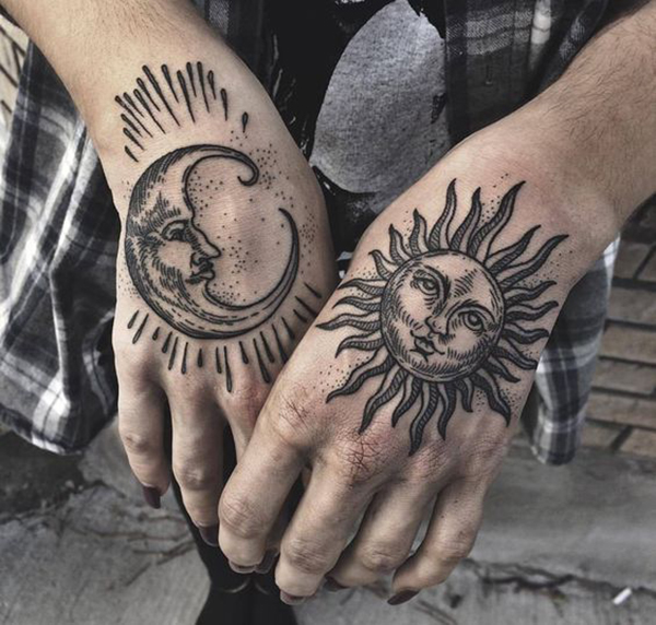 Thick-Lined Design for an Old-Fashioned Sun and Moon Faces Tattoo on skin