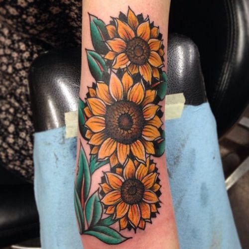 Brightly Colored Sunflower Threesome Tattoo Tattoo on skin