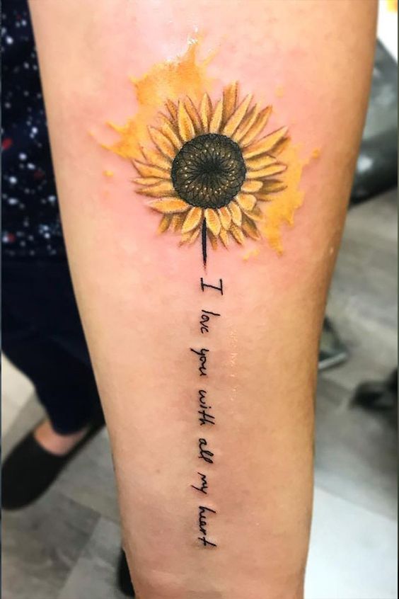 Classic Sunflower Tattoo with Phrase of Love Tattoo on skin