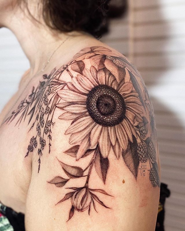 Giant Sunflower Shoulder Tattoo in Grayscale Tattoo on skin