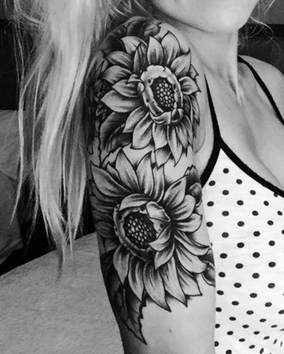 Pair of Intricate Black and Grey Sunflowers Tattoo Ideas sunflower tattoos