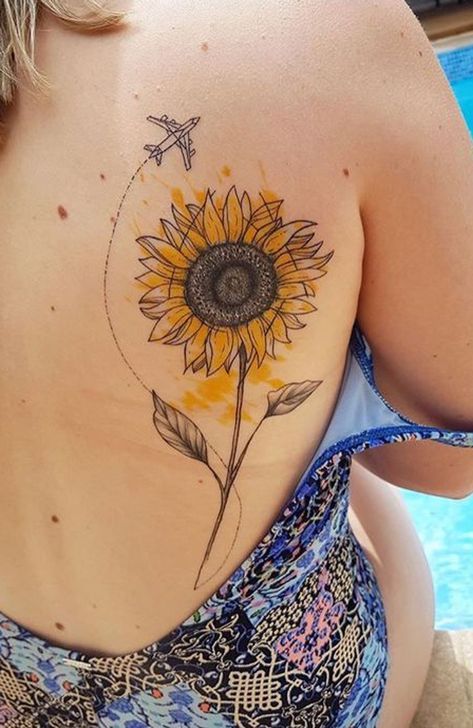 Sunflower and Airplane Sketch Tattoo Tattoo on skin