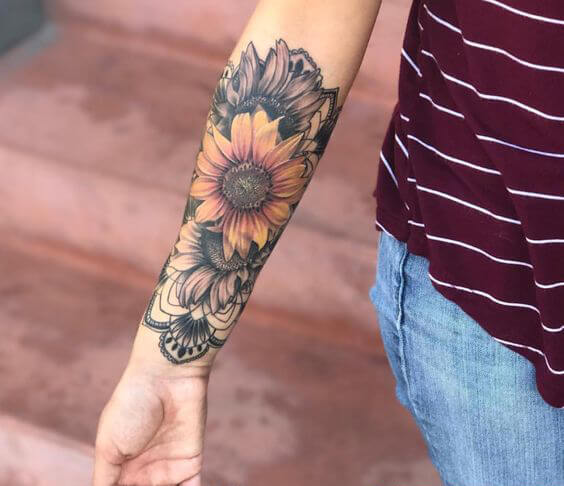 Trio of Sunflowers in Color and Grayscale Sunflower Tattoo Ideas Tattoo on skin