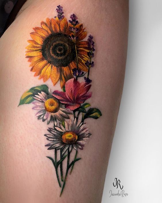 Vibrant Bouquet of Daisies and Sunflower Tattoo Tattoo on skin