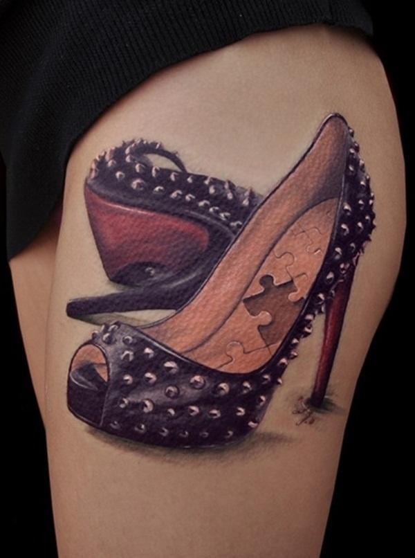 A high heeled tattoo on the thighs Tattoo on skin