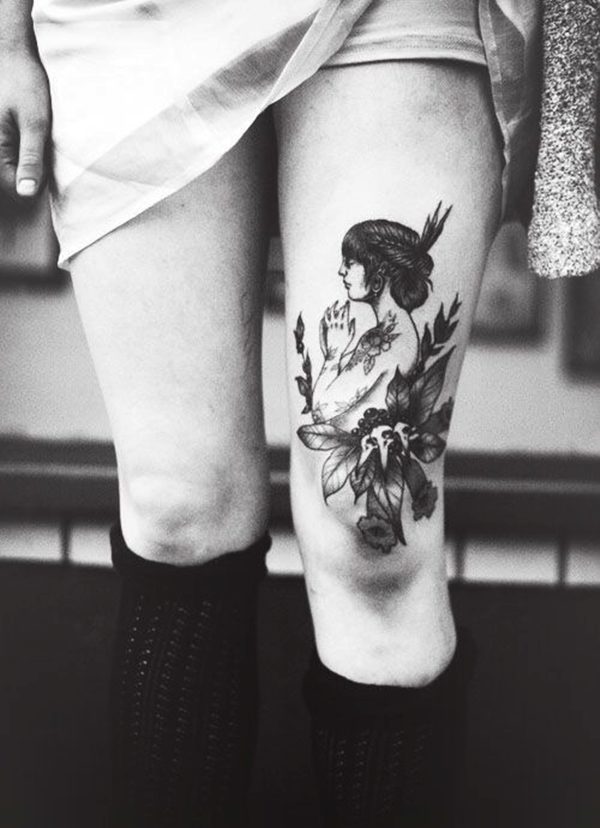 A praying lady tattoo on the thigh Tattoo on skin