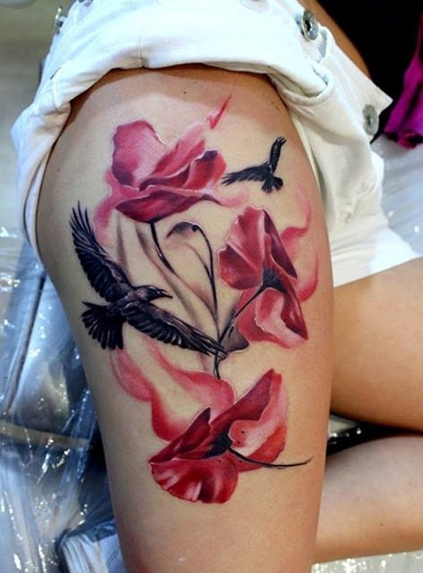 Beautiful flower tattoo with flying birds thigh tattoo Tattoo on skin