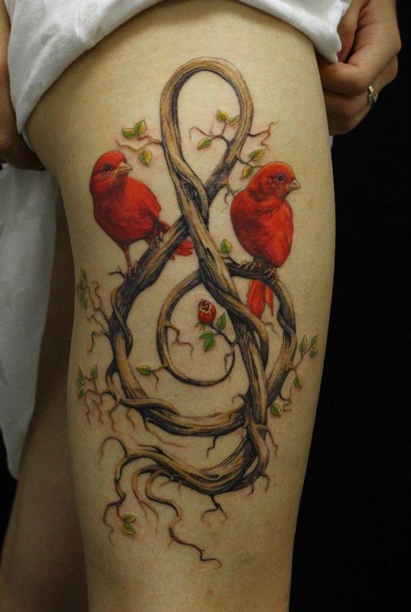 Beautiful red tattoo of birds on the thighs Tattoo on skin