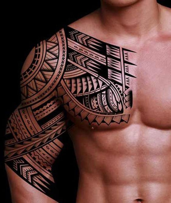 Banded Chest and Upper Arm Design Tiki Tattoos Tattoo on skin