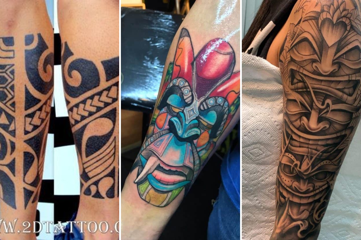 28+ Tiki Tattoo Ideas Channeling Ancient Carved Heritage Featured 3-Panel Lookbook Collage