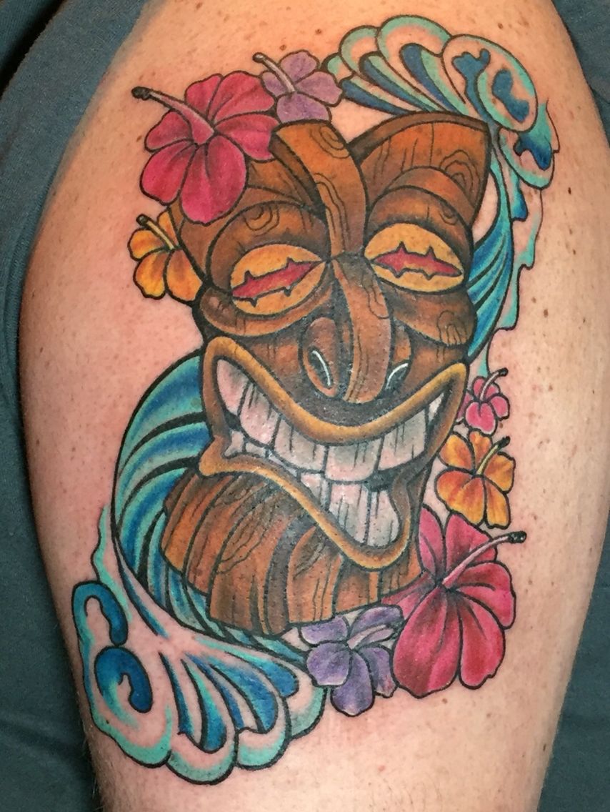 Happiness of a Tiki Mask in Color Tiki Tattoos Tattoo on skin