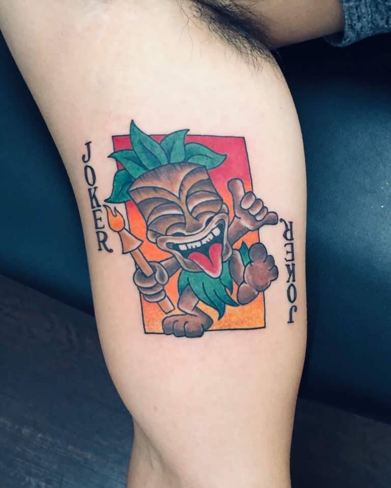 Jovial Joker Tiki Man in Color Tiki Tattoo Tattoo on skin