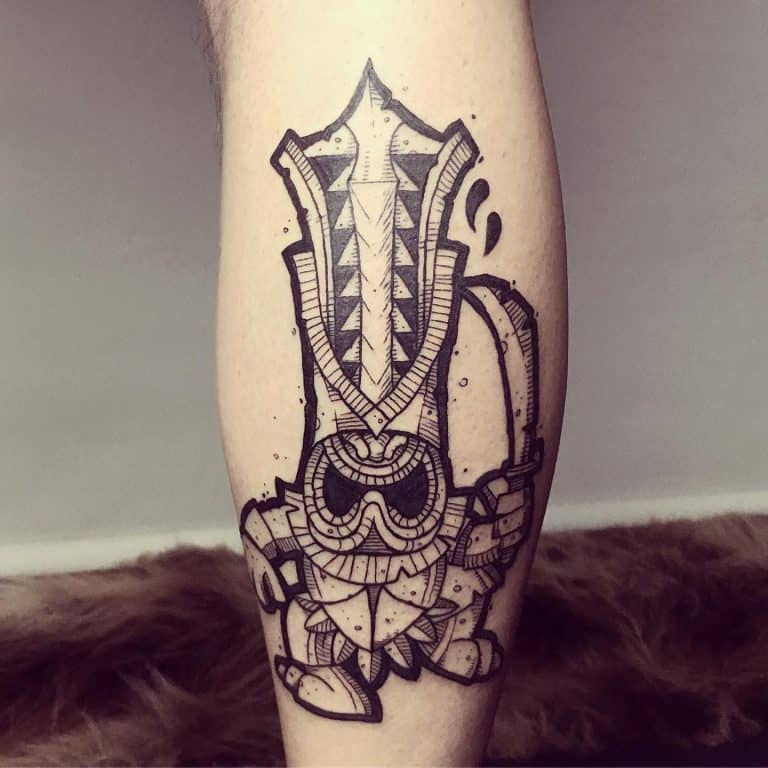 Modern Polynesian Tiki Warrior on Calf Tiki Tattoo Tattoo on skin