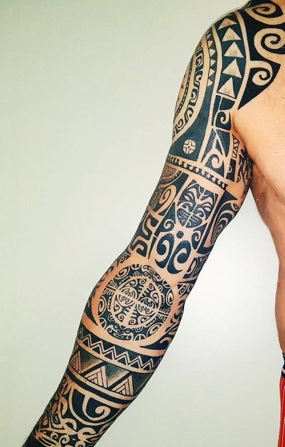 Polynesian Tribal Warrior Sleeve Tiki Tattoo Tattoo on skin