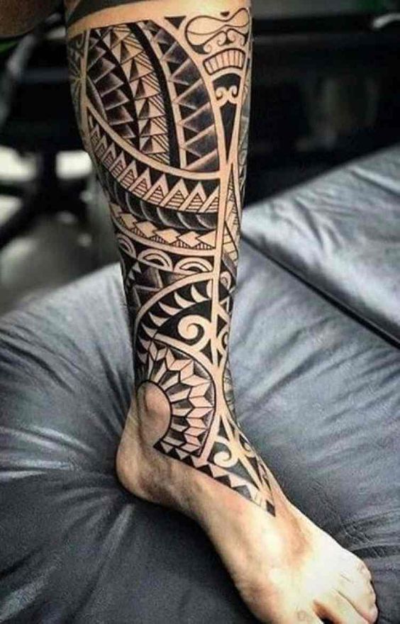 Polynesian Warrior Design on Shin Tattoo on skin