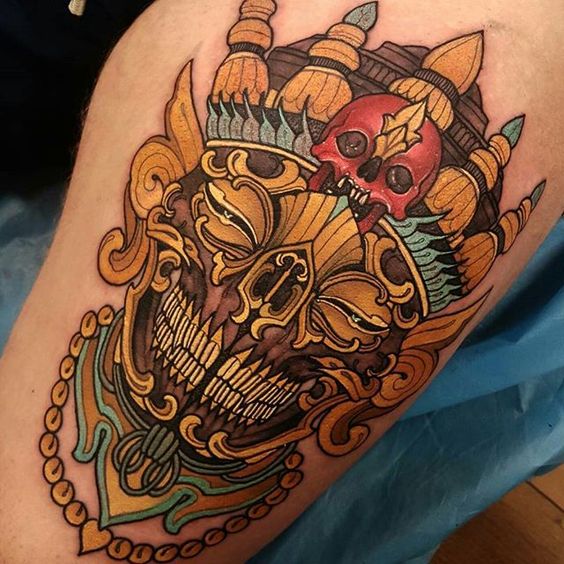 Skelton Tiki Mask with Necklace Tiki Tattoos Tattoo on skin