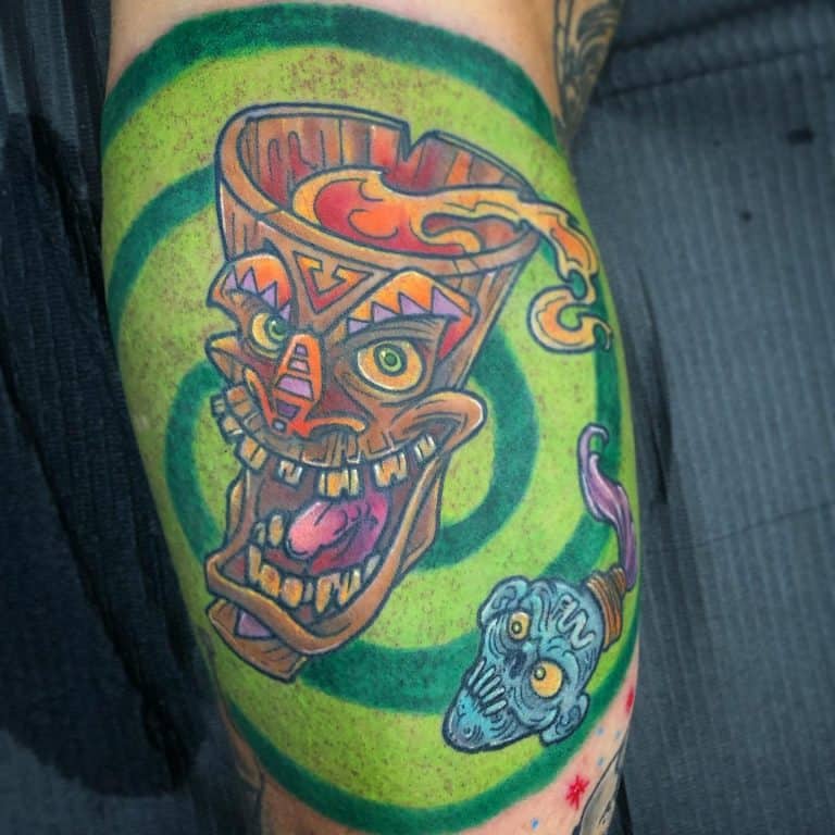 Tiki Parody with Spiral Background Tiki Tattoos Tattoo on skin