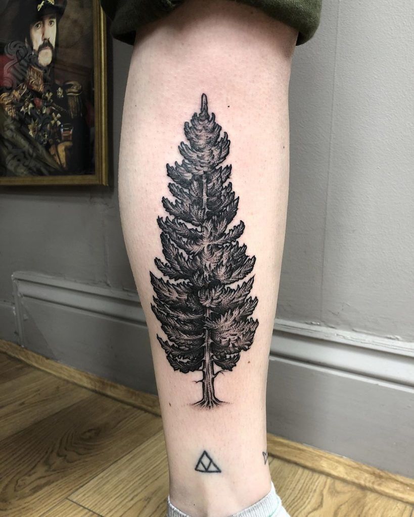 Defined Calf with Dramatic Tree Tat Tattoo on skin