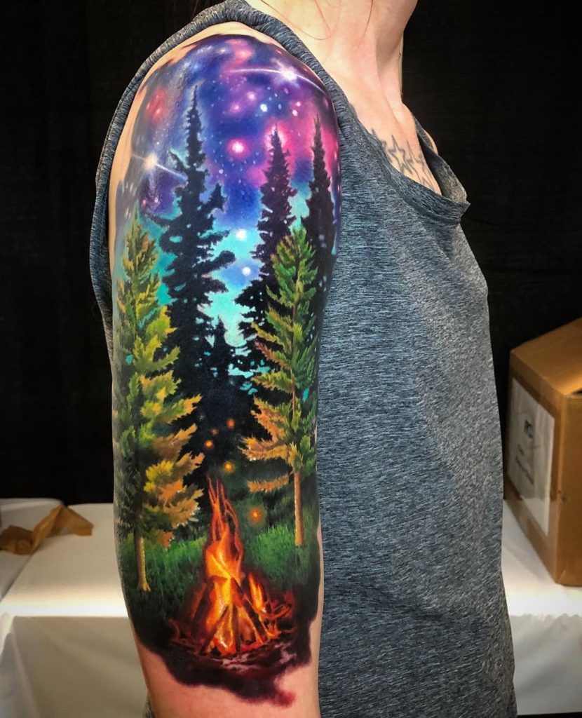 Full-Color Campfire Forest Fantasy Tree Tattoo Tattoo on skin