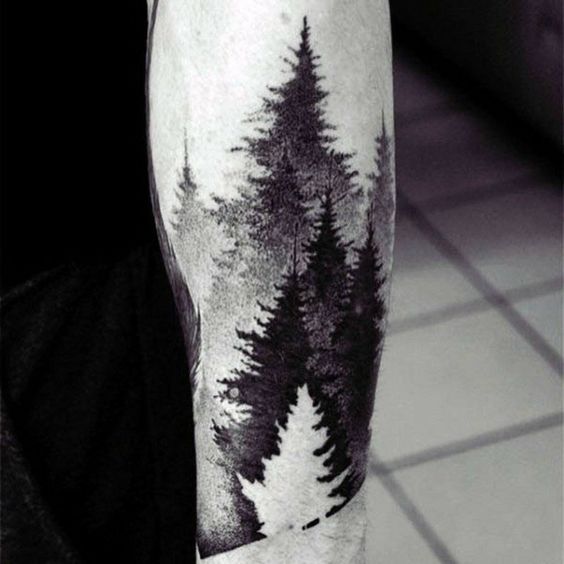 Japanese Watercolor Effect Negative Space Forest Tattoo on skin