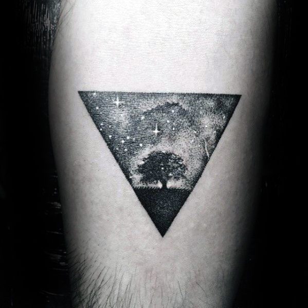 Starry Night Triangle with Solitary Tree Tattoo on skin