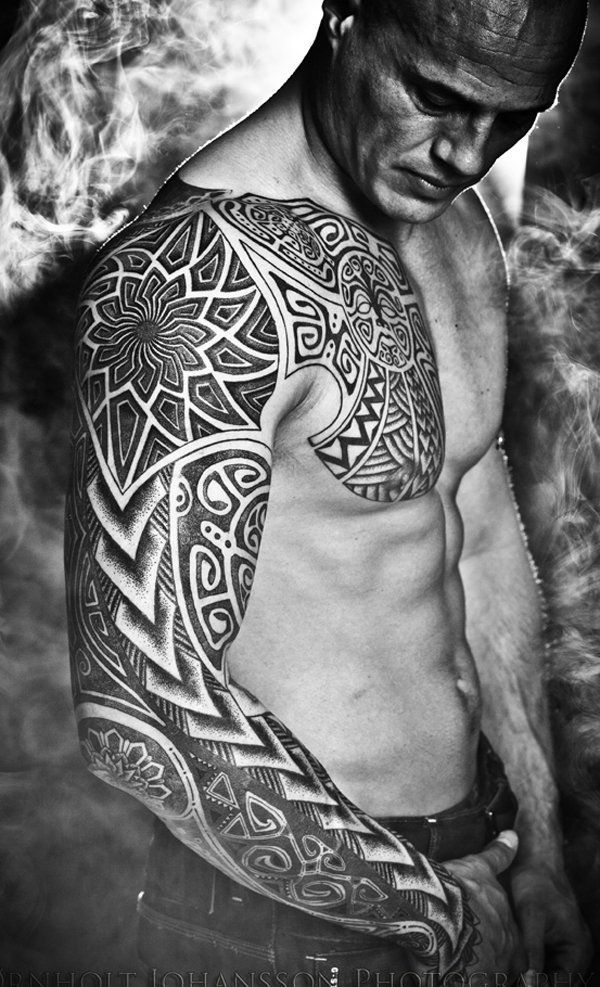 Awesome Full Sleeve and Chest Tribal Tattoo for Men Tattoo on skin