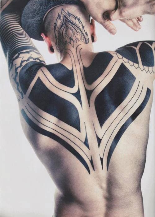 Bold Maori Tribal Back and Sleeves Tattoo For Men Tattoo on skin