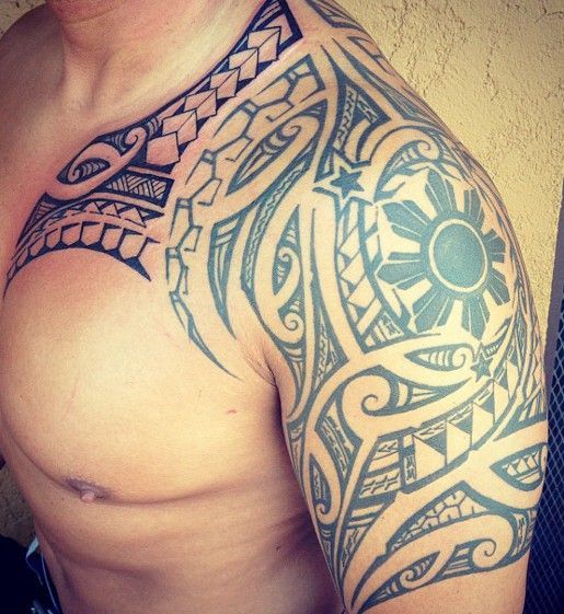 Cool Maori Shoulder and Half Sleeve Tattoo For Men Tattoo on skin