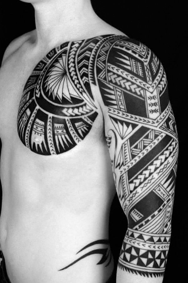 Modern Samoan Sleeve and Chest Tattoo Tattoo on skin