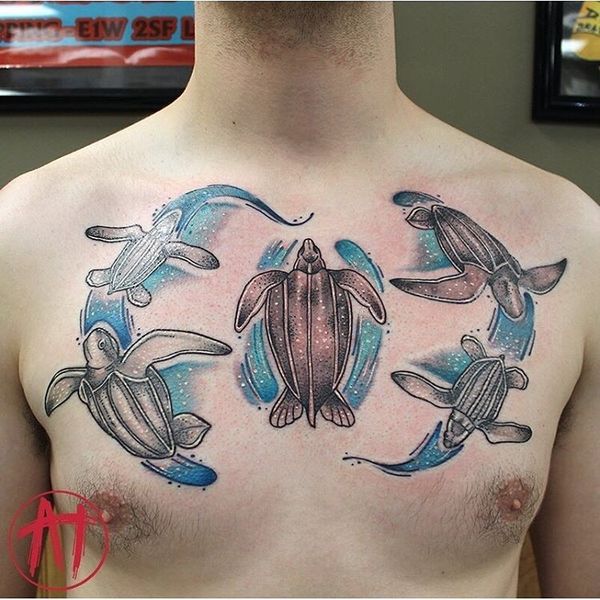 Five Swimming Leatherback Sea Turtles Tattoo on skin