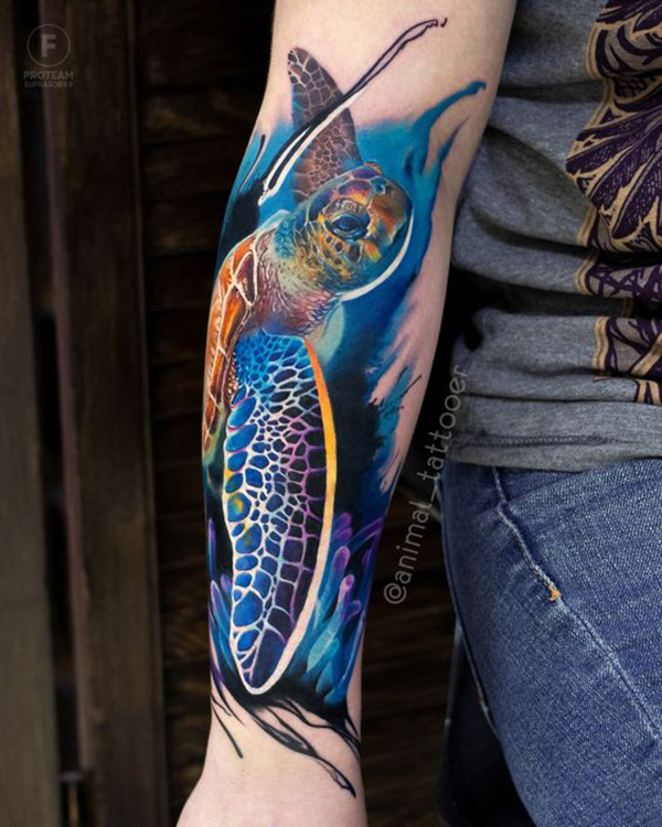 Green Sea Turtle with Sea Anemone Turtle Tattoos Tattoo on skin