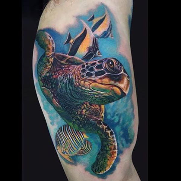 Swimming Green Sea Turtle and Fish Turtle Tattoos Tattoo on skin