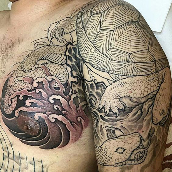 Tortoise and Snake Tattoo on Waves Turtle Tattoos Tattoo on skin
