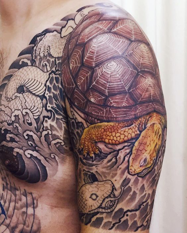 Tortoise and Snake with Partial Color Turtle Tattoos Tattoo on skin